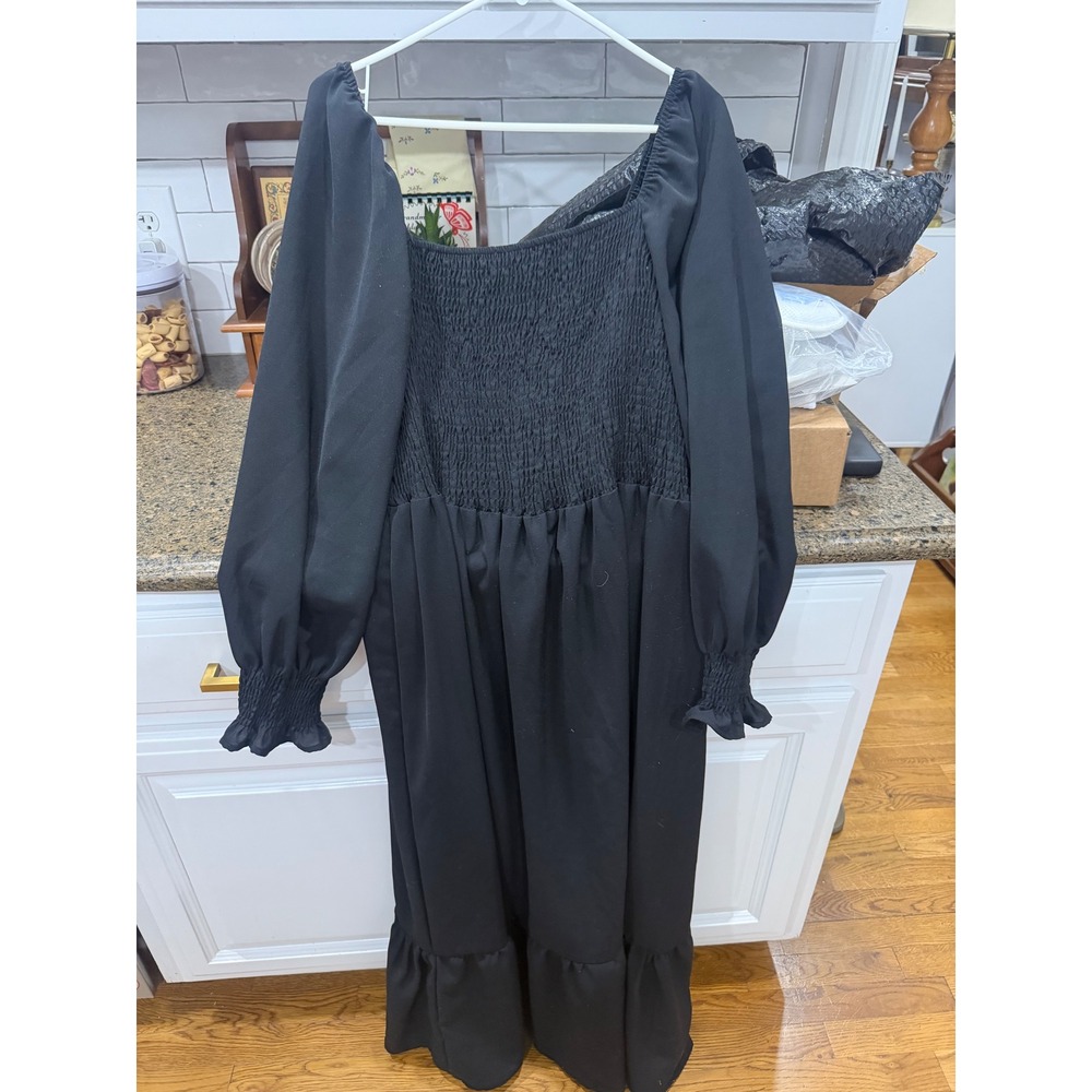 Shein Curve Black Smocked‎ Maxi Dress Square Neck Long Balloon Sleeve 3XL Boho